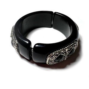 Vintage black bangle bracelet w/metal embellishment and glass stone